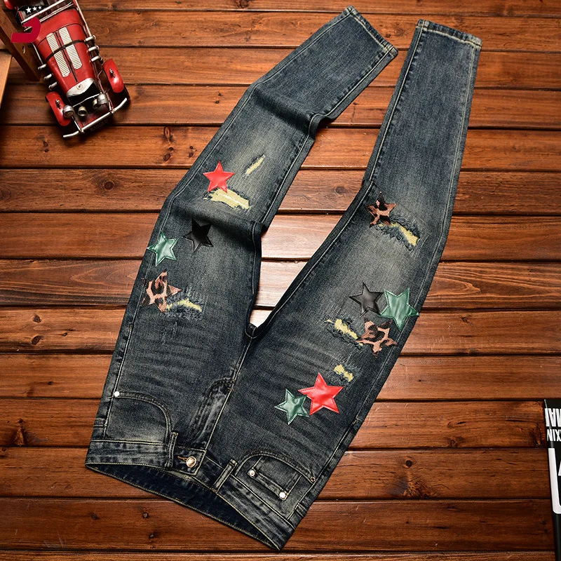 

High Street Fashion Jeans Men's Autumn and Winter Clothing Hole & Patch Personality Star Patch Slim Fit Skinny Stretch Pants