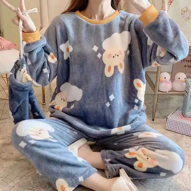 Dép Nỉ Bộ Đồ Ngủ Nữ Mùa Đông Pyjamas Bộ Ấm Đồ Ngủ Nữ Đêm Mặc Váy Ngủ Nữ Ngủ Áo Sơ Mi Quần Bộ Pijamas Pjs