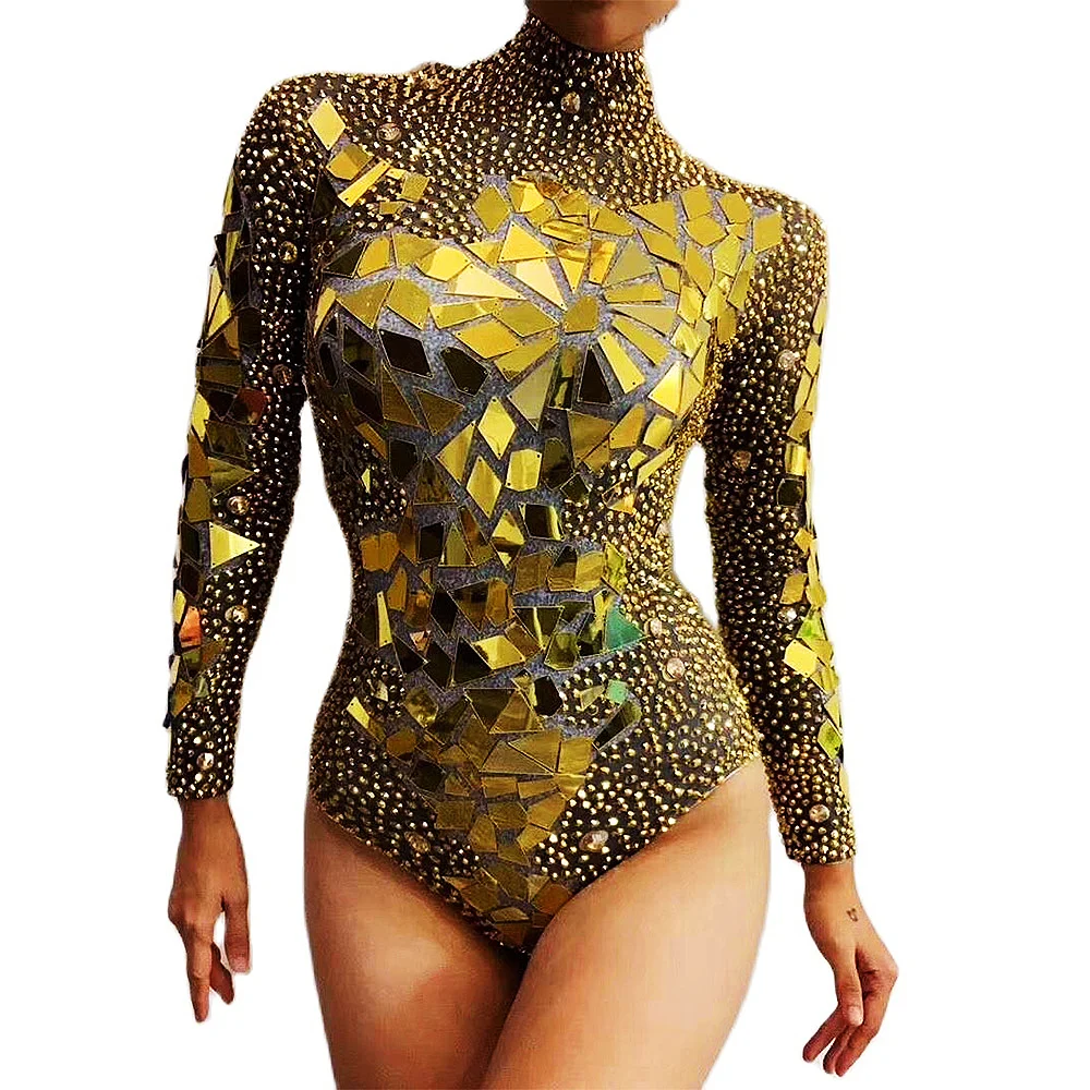 

Gold Rhinestones Costume Mirror Sequins Women Bodysuit Turtleneck Long Sleeve Leotard Party Evening Costume Nightclub Outfit