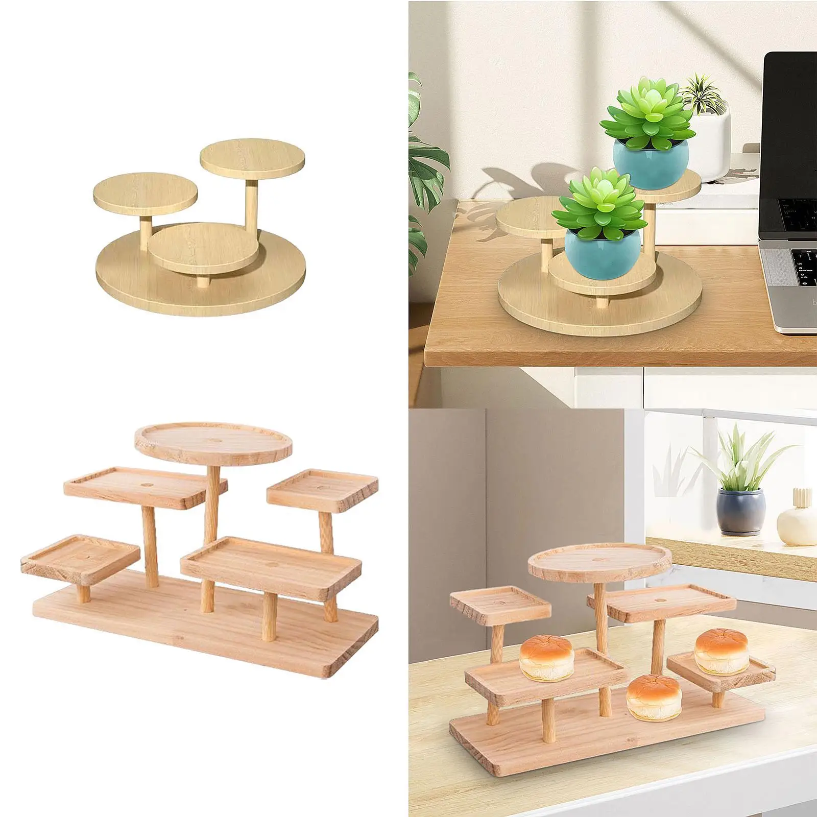 Display Riser Stand Countertop 3 Tier Desktop Shelf Solid Wood Cake Stand Makeup Organizer for Doll Dessert Model Fruit Snack