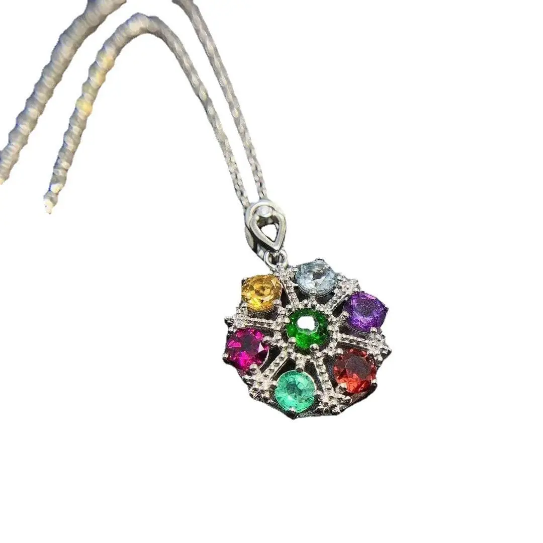 ZECAA Fine Jewelry With Natural Emerald Citrine Garnet Diopside Amethyst Aquamarine Gemstone 4*4mm Lady Silver Pendant