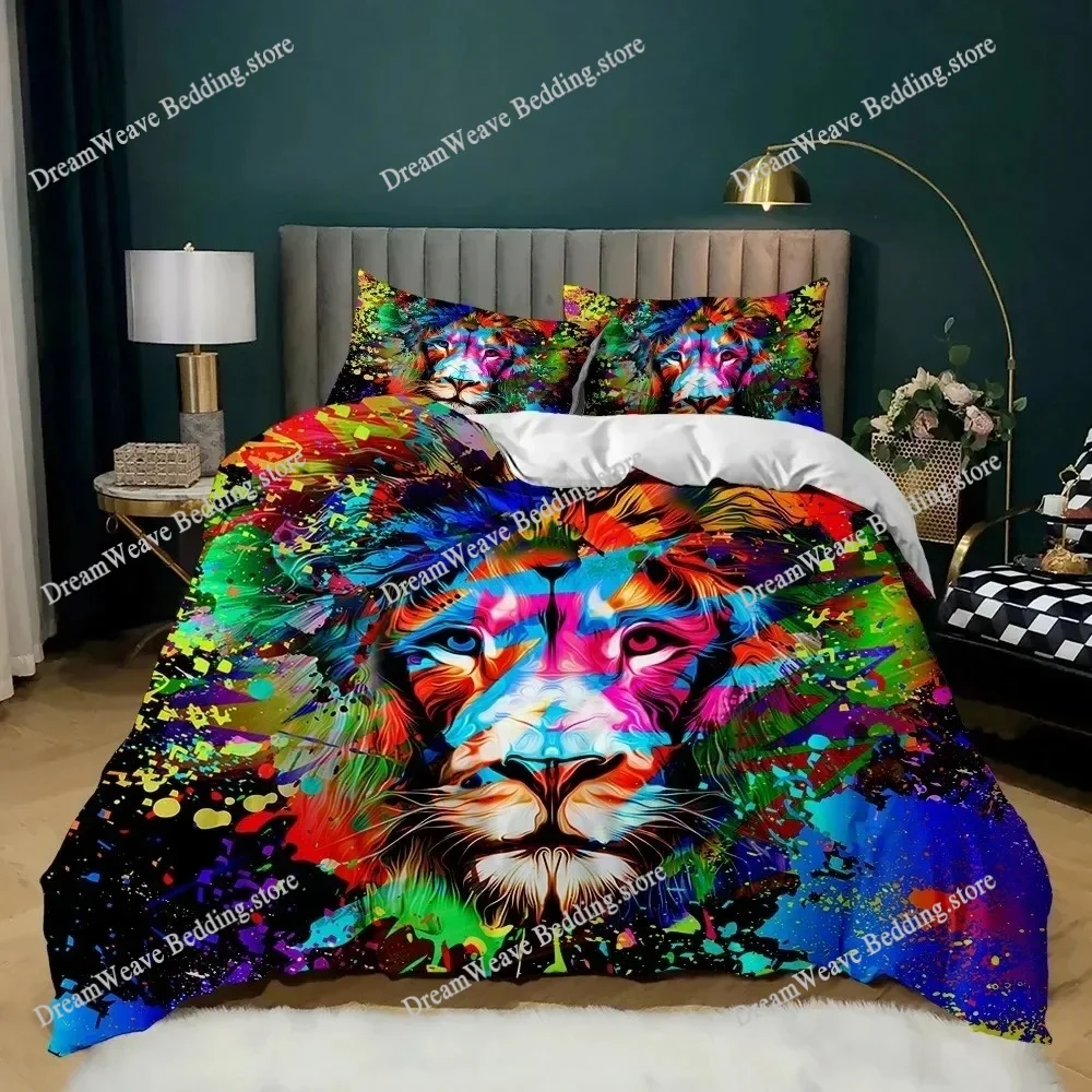 

3D Print Lion Duvet Cover Set Wild Animals Colourful King Queen Size for Kids Teens Adults Polyester Bedding Set Luxury Gift