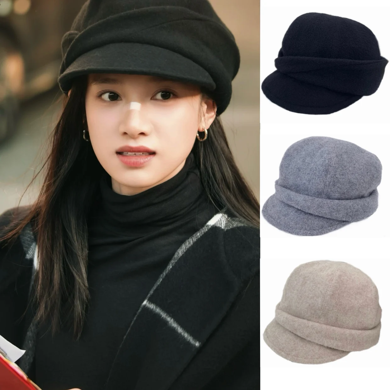 autumn-winter-women's-woolen-retro-black-japanese-style-duckbill-cap-zhang-jingyi-street-style-adjustable-round-top-hat