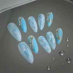 10pc Handmade Press on Nails Light Blue Sky Fake Nails Ins Simple Almond False Nail Halo Dyeing Wearable Ballerina Nail Art Tips