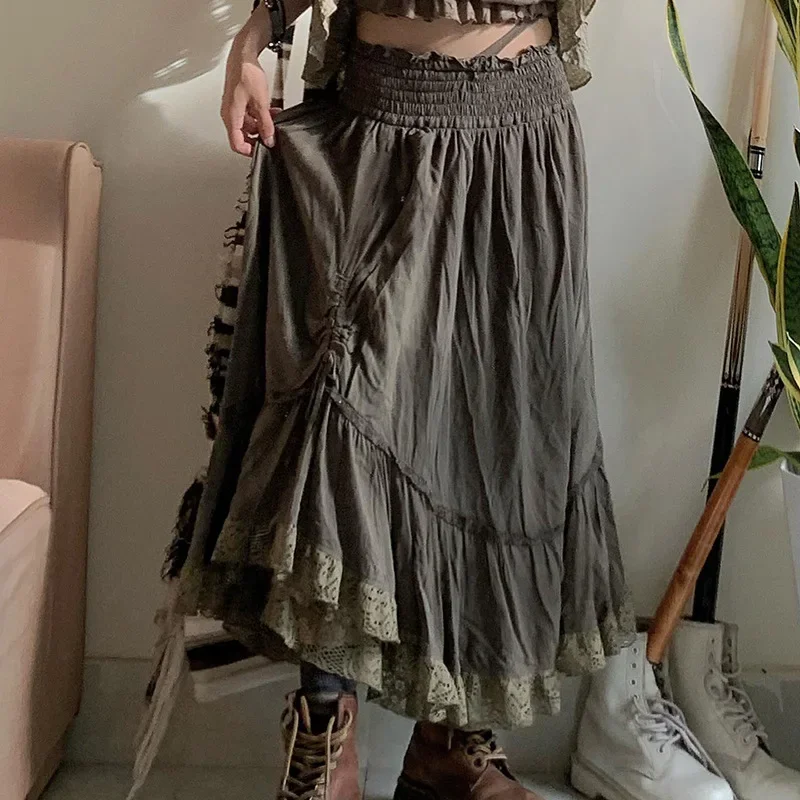 2024 New Vintage Forest Green Shirring Tie Lace Skirts Harajuku High Waist A Line Long Skirt Y2K Retro Women's Vacation Outfits