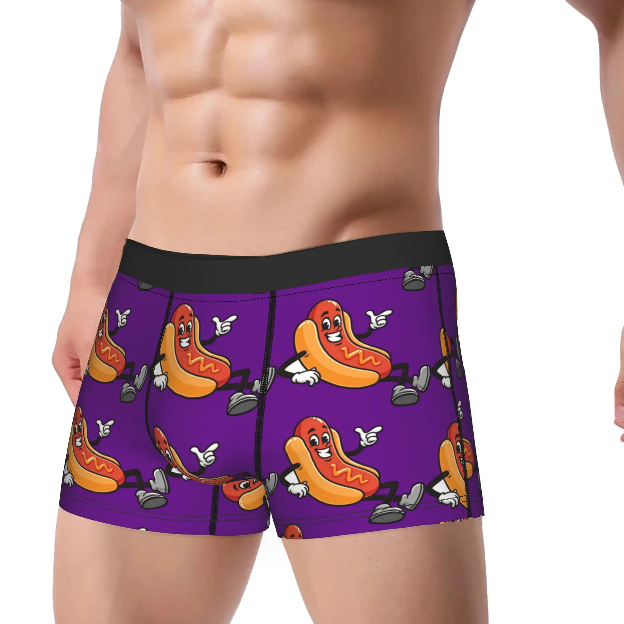Lying Hot Dog Cartoon Pointing Gesture Purple Background Underwear  Breathable Underpants Printing Shorts Briefs For Man Trunk