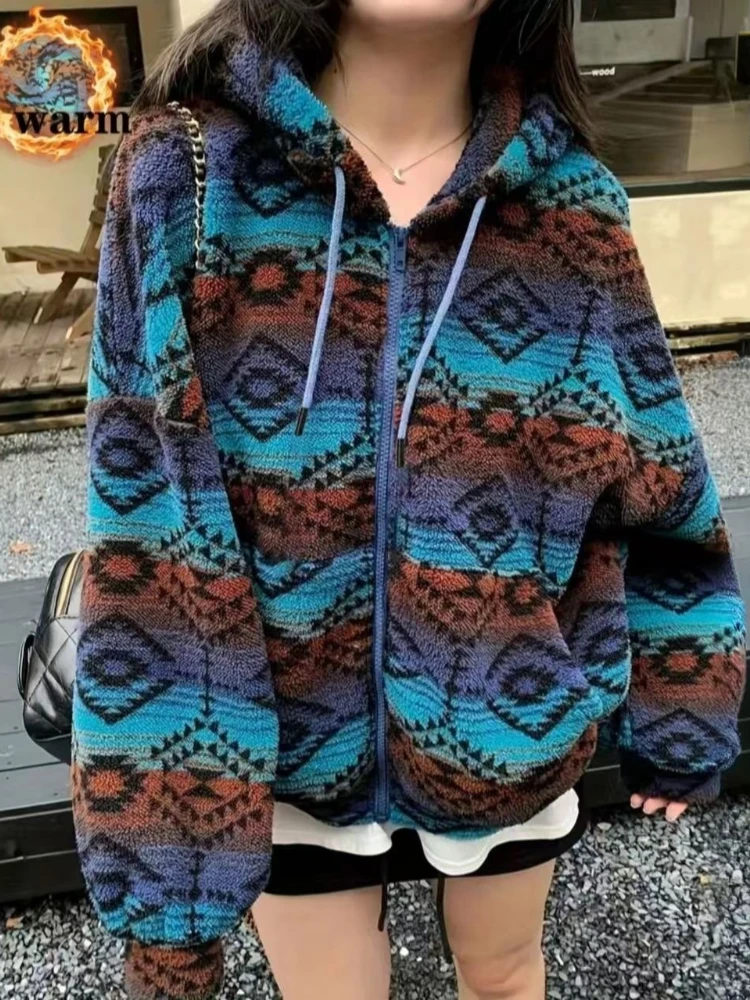 

Шикарная этническая куртка шерпа, мужская винтажная флисовая куртка с геометрическим рисунком и цветными блоками, зимняя теплая куртка на молнии с капюшоном, пушистая уличная верхняя одежда