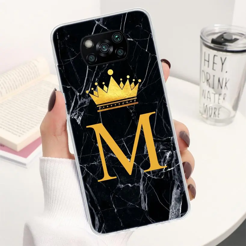 26 Letter Crown Custom M Coque Phone Case For Xiaomi Poco X6 X5 X3 Nfc X4 Gt F6 F5 Pro F4 F3 F2 F1 M5s M4 M3 5G Soft Cover M2 X3