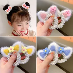 New Cute Cartoon Ear Hair Rope Pearl Elastic Hair Bands Headbands Girls Sweet Flower Headwear Hair accessories Kids Ornaments