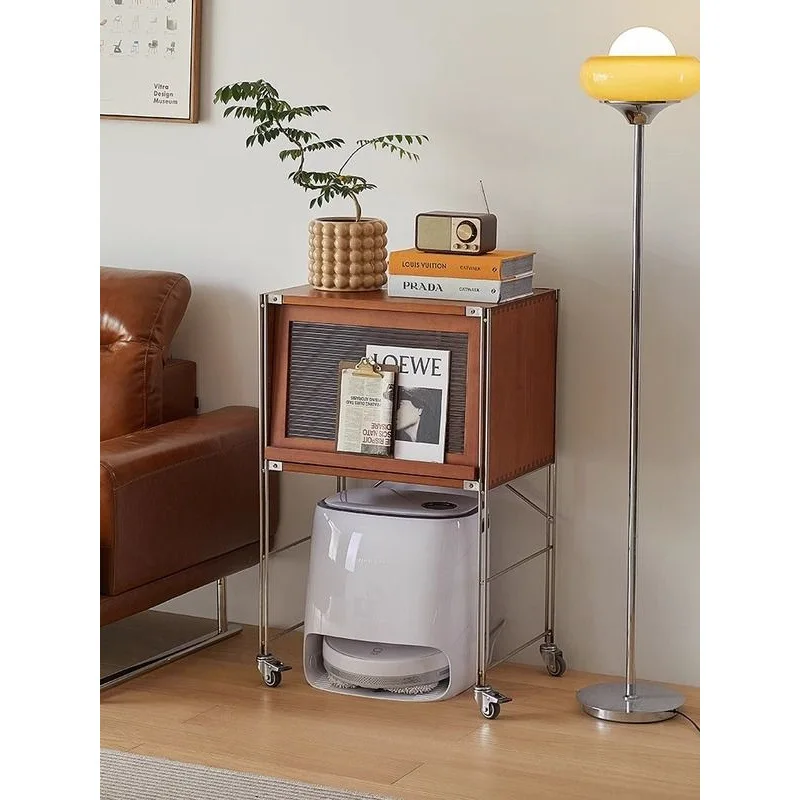 Medieval solid wood sweeping robot shelf mobile locker retro living room bookcase side cabinet housekeeping storage cabinet