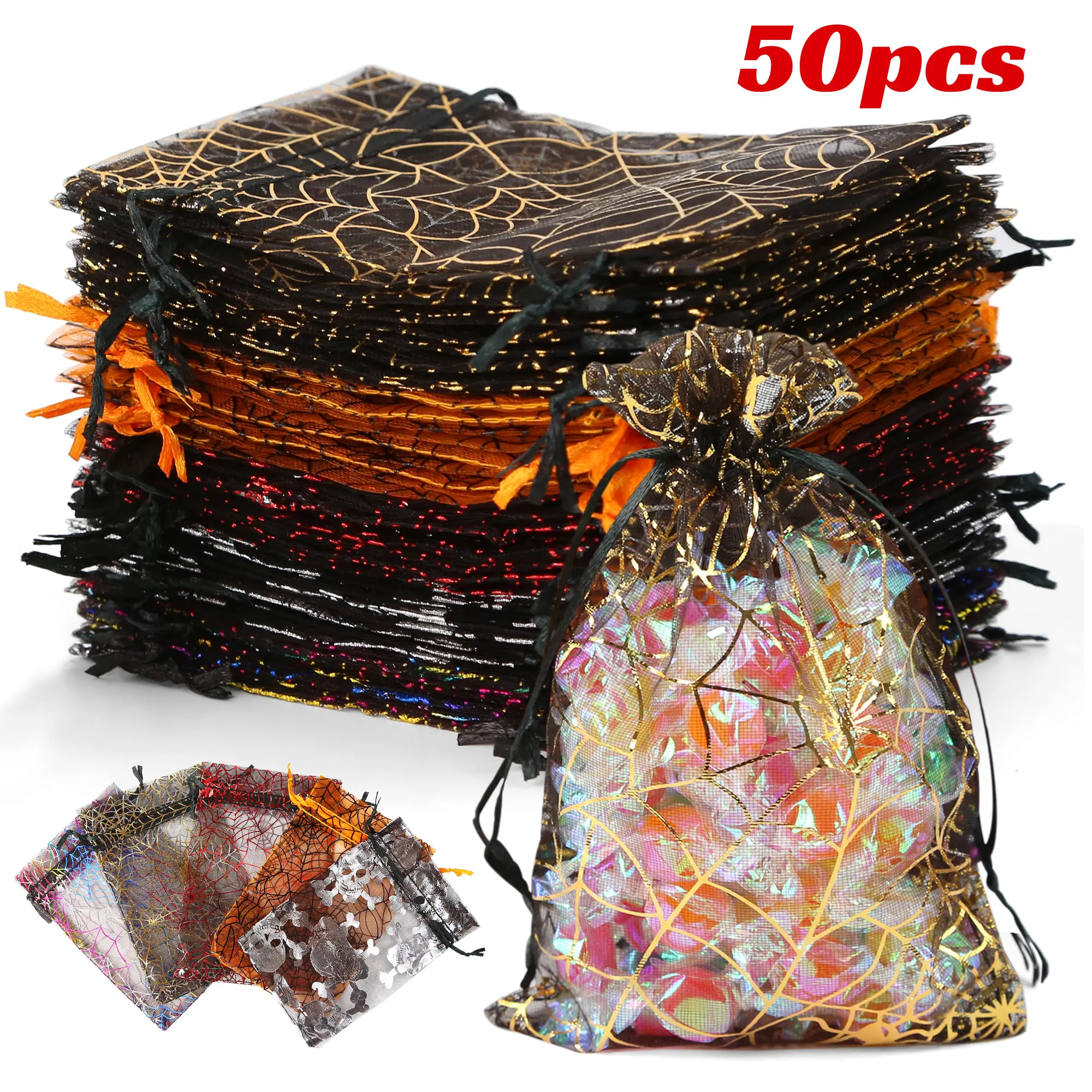 50PCS Halloween Gold Foil Candy Drawstring Gift Bag with Spider Web and Skull Ghost Festival Organza Bag