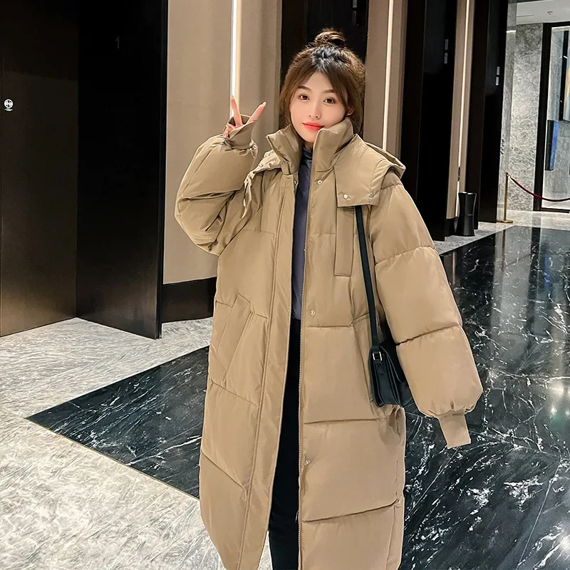 Women\'s Winter Coat Korean Fashion Loose Oversized Long Cotton Jacket Thickened Warm Hooded Windproof Parker Coat Puffer Jacket