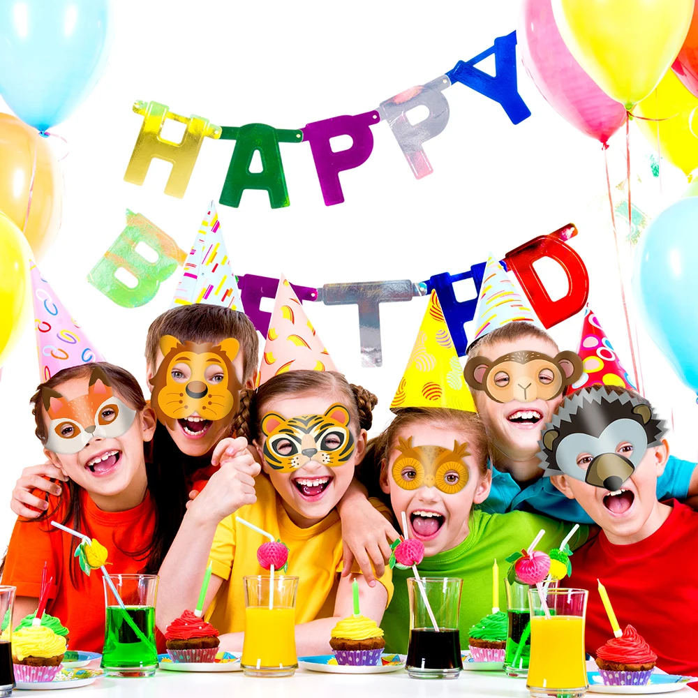 12 قطعة من أقنعة حيوانات سفاري المختلطة للأطفال في حديقة حيوان الغابة وأقنعة كرتونية لتزيين حفلات أعياد الميلاد على شكل حيوانات الغابة