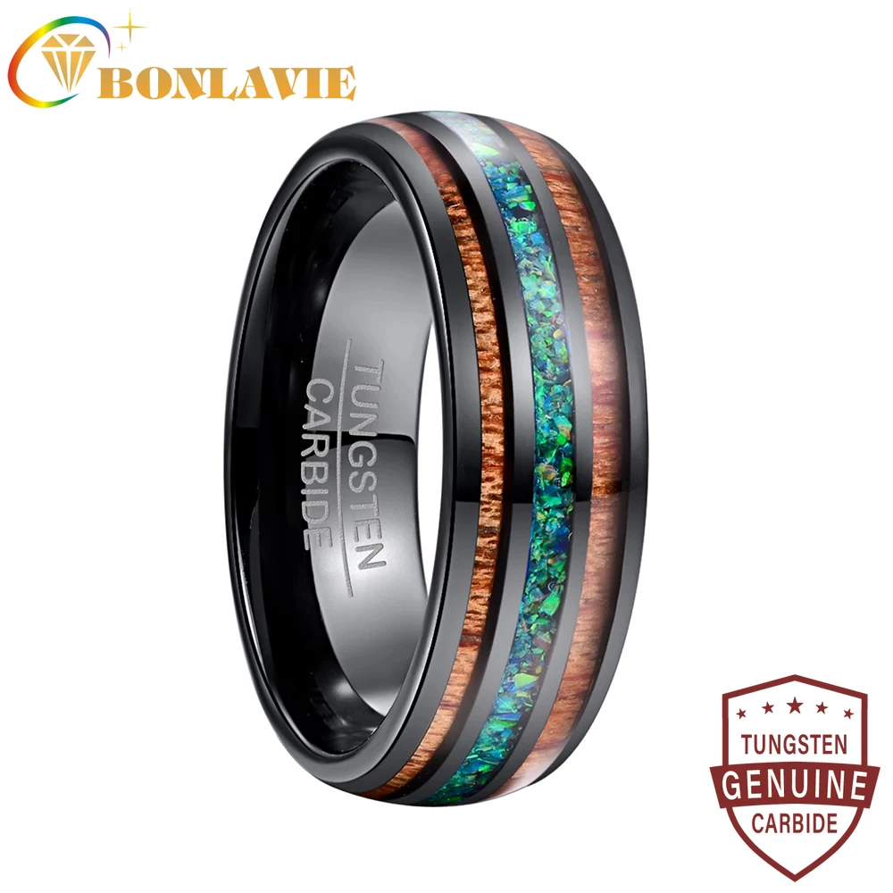 BONLAVIE Comfort Fit 8mm Natural Acacia Wood Ring Green Opal Tungsten Carbide Ring For Men