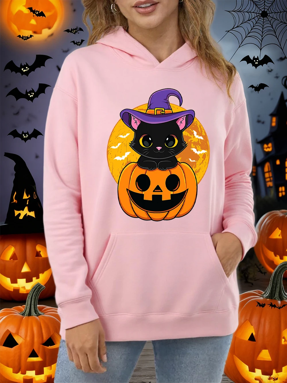

Хэллоуин милый котенок и тыква толстовки с принтом женские карманные осенние женские толстовки из хлопка универсальная уличная теплая одежда Y2K
