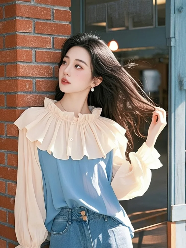 Chiffon Damen Blusen Rüschen Koreanische Shirts MODE Lose Frühling/Sommer Vintage Kleidung Patchwork Langarm Frauen Tops
