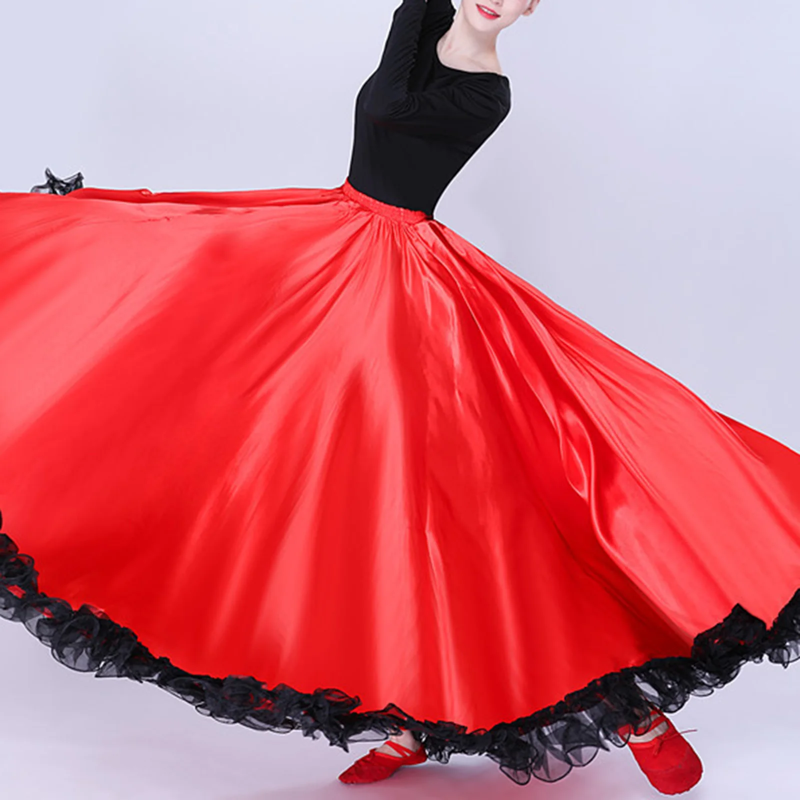 Vrouwen Spaanse Flamenco Bull Dance Rok Buikdans Rok Ruches Zoom Grote Swing Satijn Maxi Rok Podiumkostuum