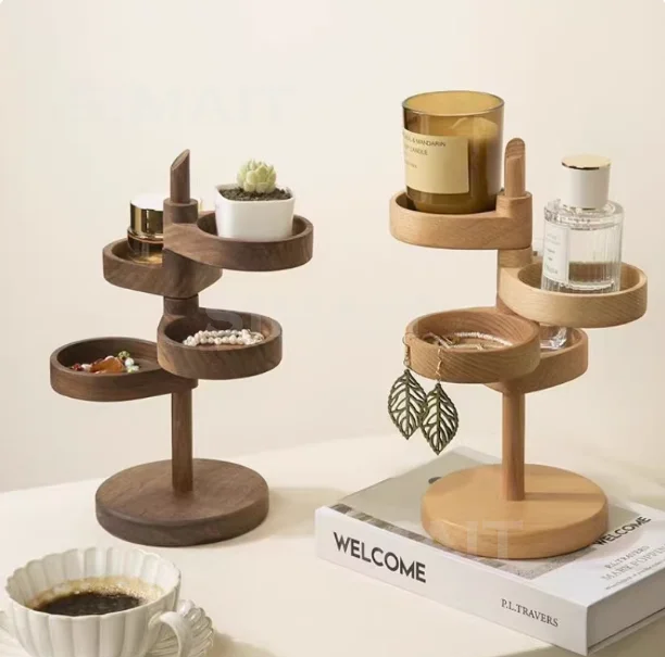 5-Layer Rotating Wooden Shelf Solid Wood Desktop Key Jewelry Organizer Box Self-Righting Storage Rack