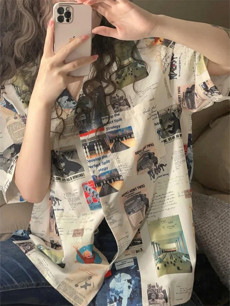 European Retro Poster Full Print Funny Shirts Men's Oversized Single Breasted Shirt Casual High Street Summer Blouse Beach Coats