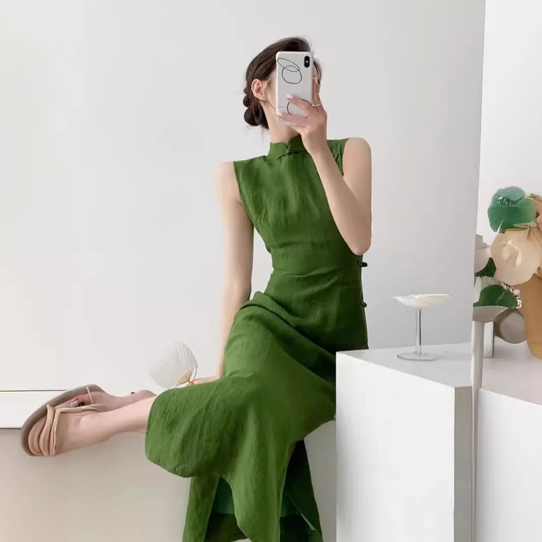 2025 Qipao Vintage Elegante Verde Sem Mangas Cheongsam Vestido Tradicional Estilo Chinês Vestido de Noite Vestido Chinês