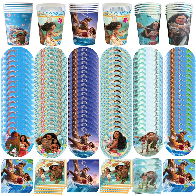 Decoración de fiesta de cumpleaños de Moana de Disney, vasos de papel, platos, napinks, mantel, globos de fondo, Kit de suministros decorativos de cumpleaños de Moana