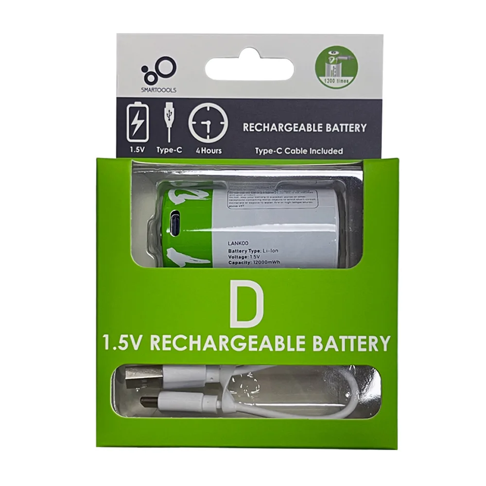 1-10PCS USB Rechargeable D Size Batteries LR20 Li-ion 1.5V 12000mWh with Type-C Cable for Gas Appliances