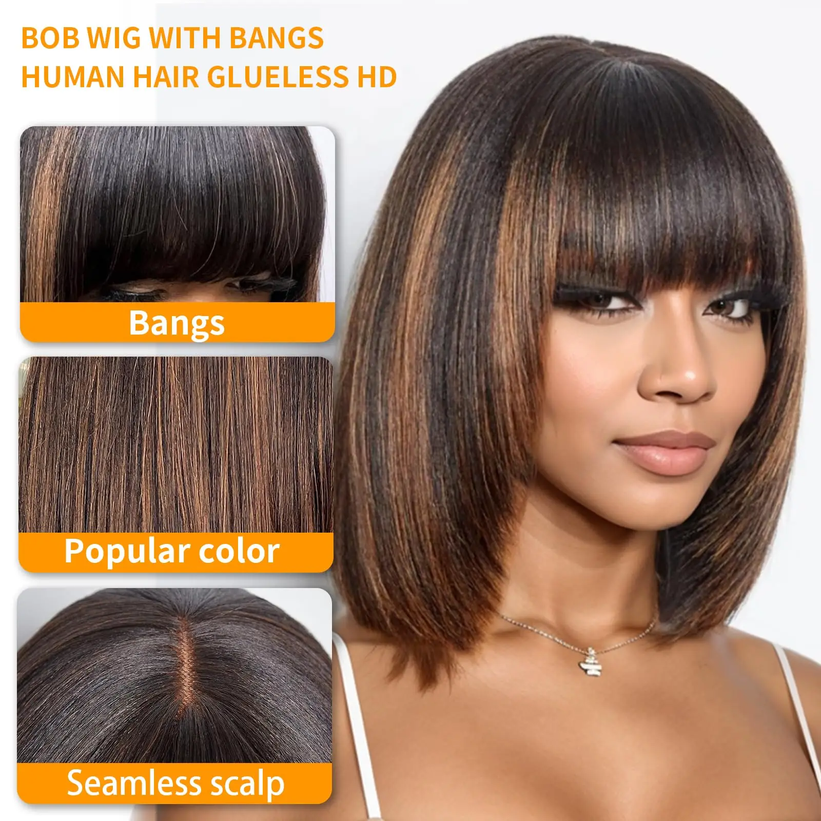 Highlight Ombre Short Straight Bob Wig With Bangs Human Hair Wigs 2x1 Lace Front Wig For Women 1B/30 Color Straight Bang Bob Wig