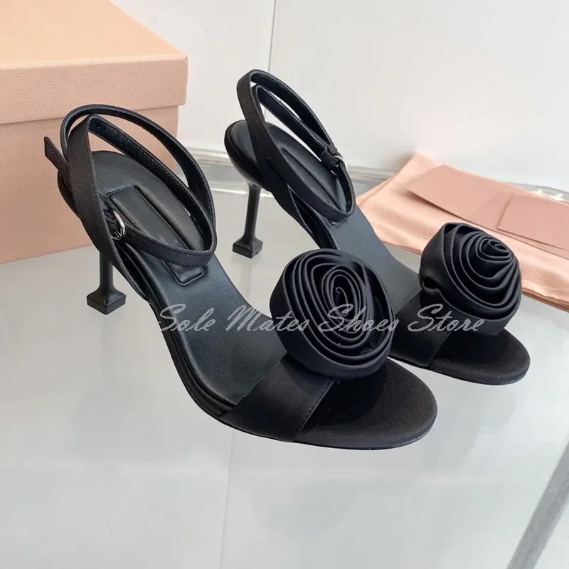 Stylish Pink Satin Stiletto Heel Sandals Hot Sale Rose Embellished Ankle Buckle Dress Shoes Party Formal Women's Wedding Shoes