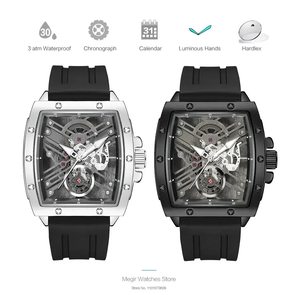 MEGIR & RUIMAS Quartz Horloges voor Mannen Militaire Sport Siliconen Band Horloge Tonneau Wijzerplaat 3atm Waterdicht Lichtgevende Wijzers 310