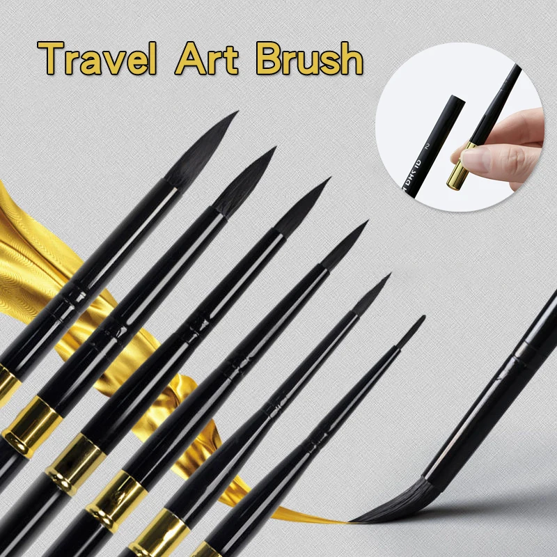 6 Sizes Of Portable Travel Brushes Nylon Pen Tip And Metal Pen Holder Pointed-Round Paintbrushes For Art Students Paint Brushes