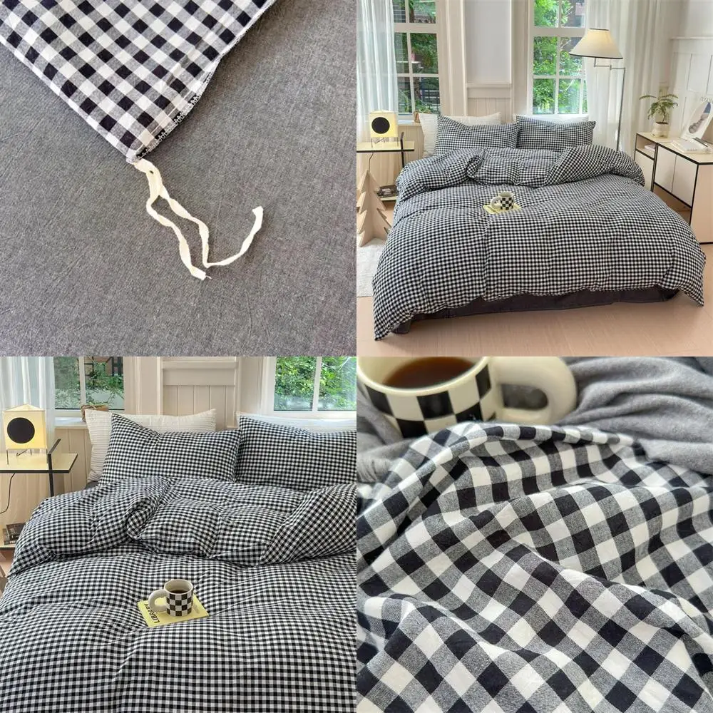 

Black White Gingham Duvet Cover Queen 100% Washed Cotton Plaid Checkered Duvet Cover Set Full Modern 3 Piece Grid Bedding Set wi
