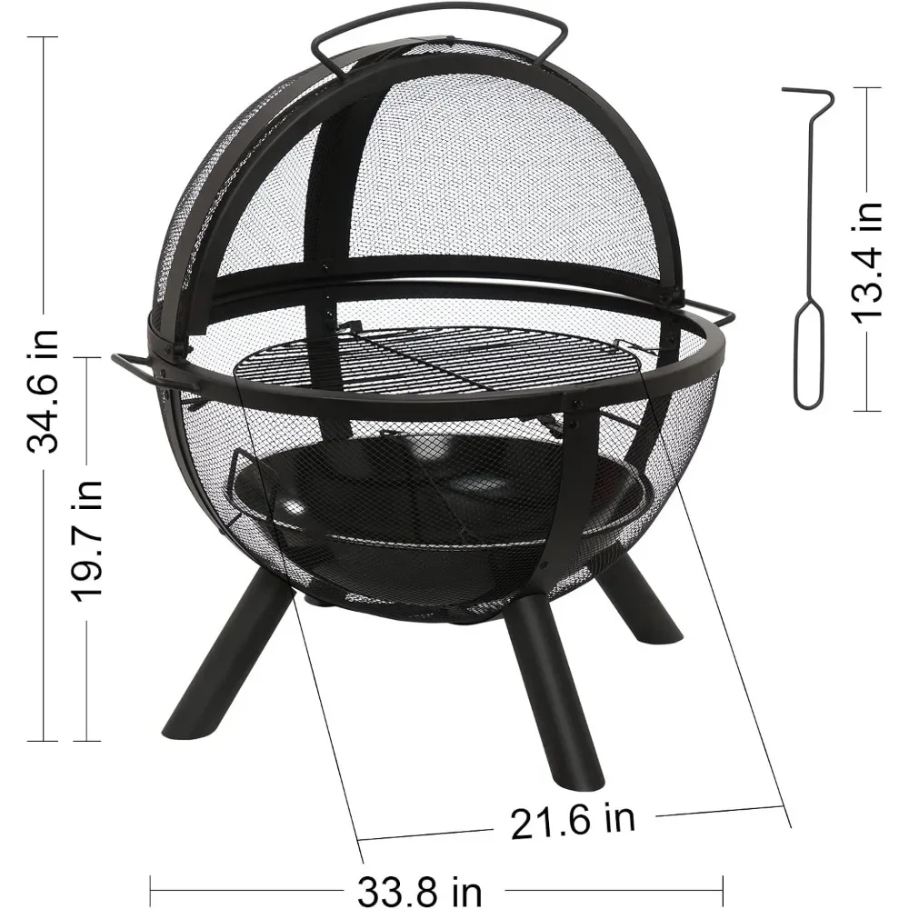 35-Zoll-Außenfeuer mit Grill, kugelförmiger großer runder Grube, Terrassenkamin, verwendet für Camping, Lagerfeuer und Picknick