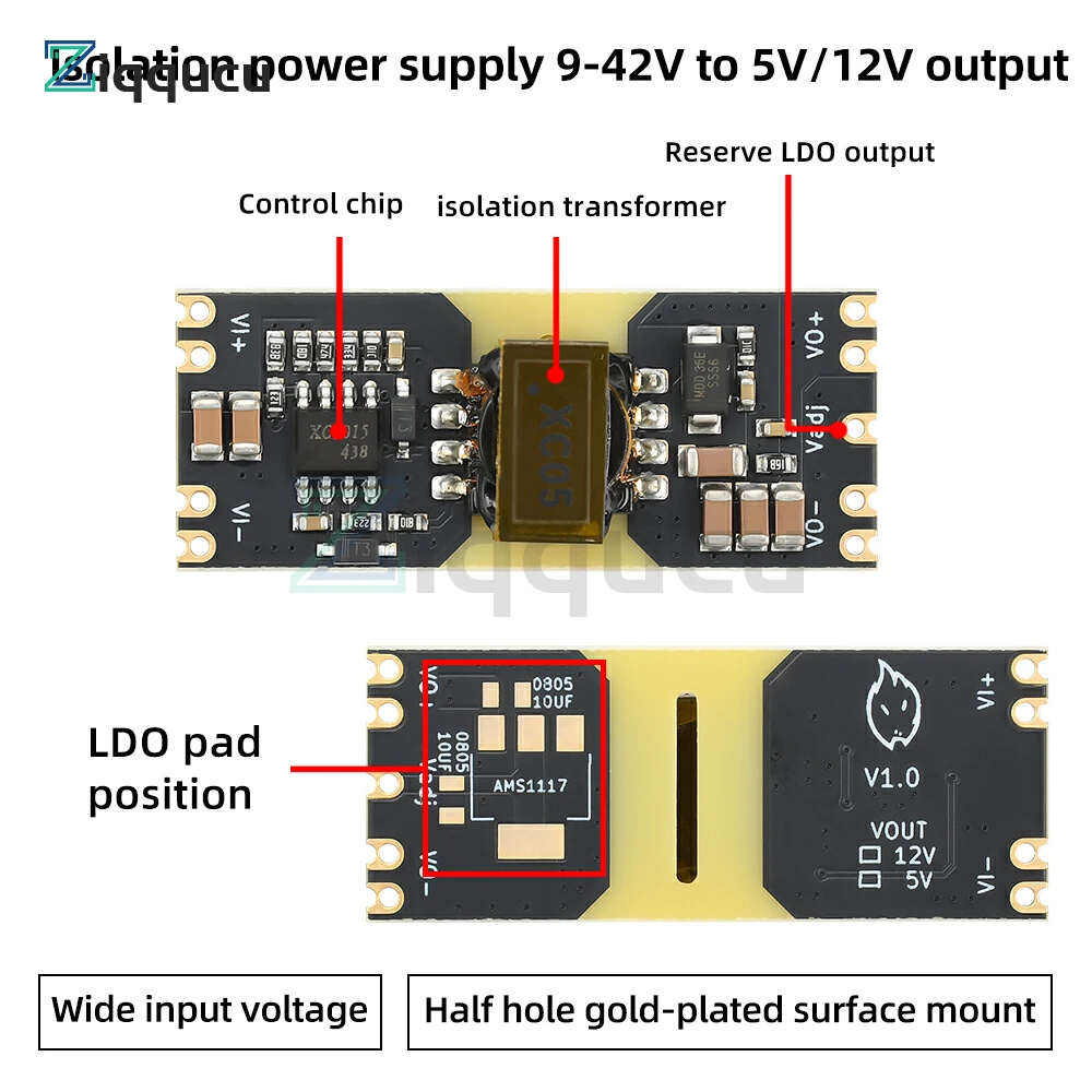 Módulo de potencia de amplio voltaje aislado XC5015 DC-DC 9-42V a 5/12V Módulo reductor de salida Módulo de potencia de baja ondulación