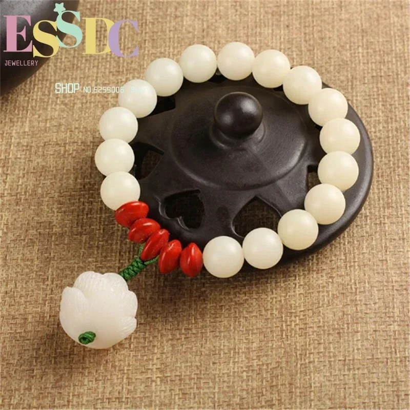 10mm Natural White Bodhi Root Single Circle Beads Bracelet Red Bean Carved Lotus Flower Charm Female Jewelry Gift Dropship