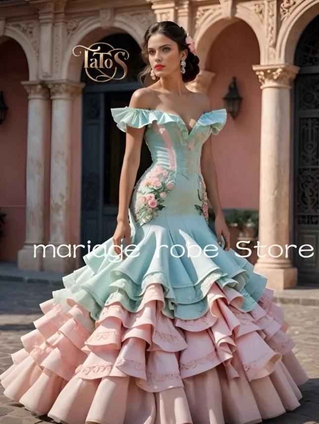 

Розовые, синие длинные вечерние платья русалки с открытыми плечами и оборками, корсет для фламенко, АПРЕЛЬ, испанское платье для выпускного вечера с цветочным принтом, индивидуальное платье