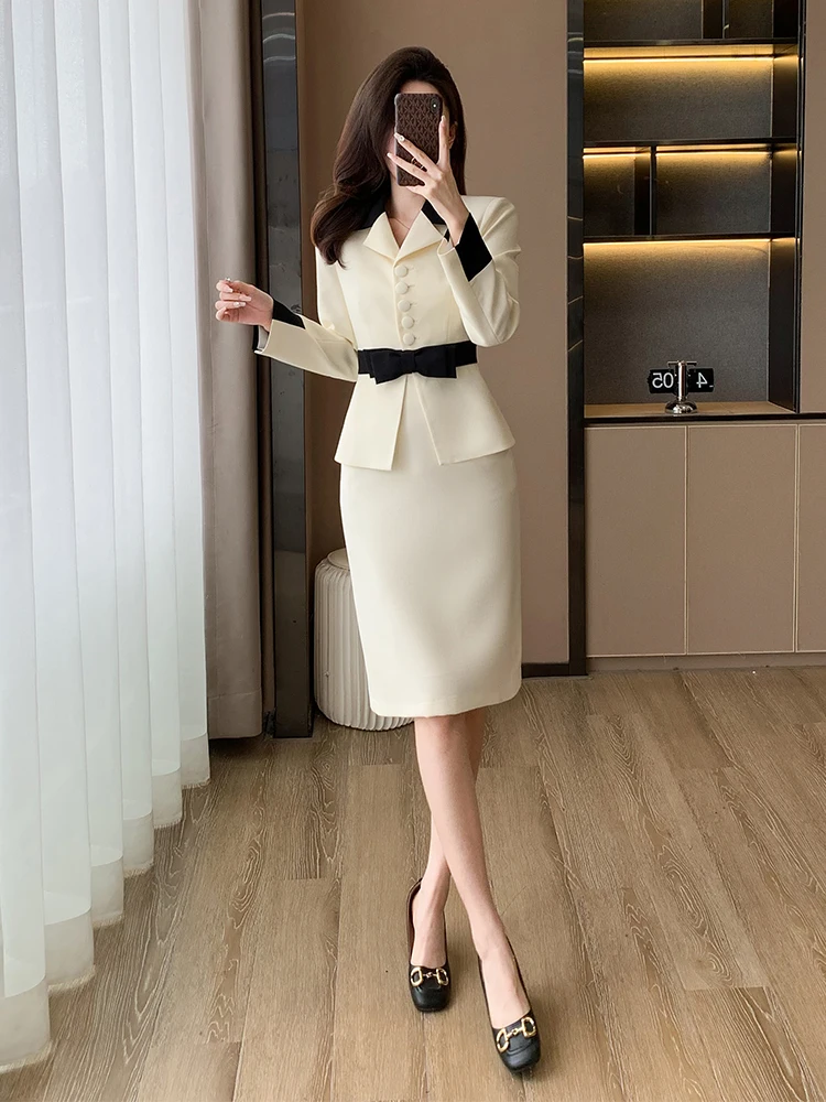 Fashion Women Casual Blazer Skirt Suit Ladies Pink Beige Long Sleeve Female Two Piece Set For Autumn Winter