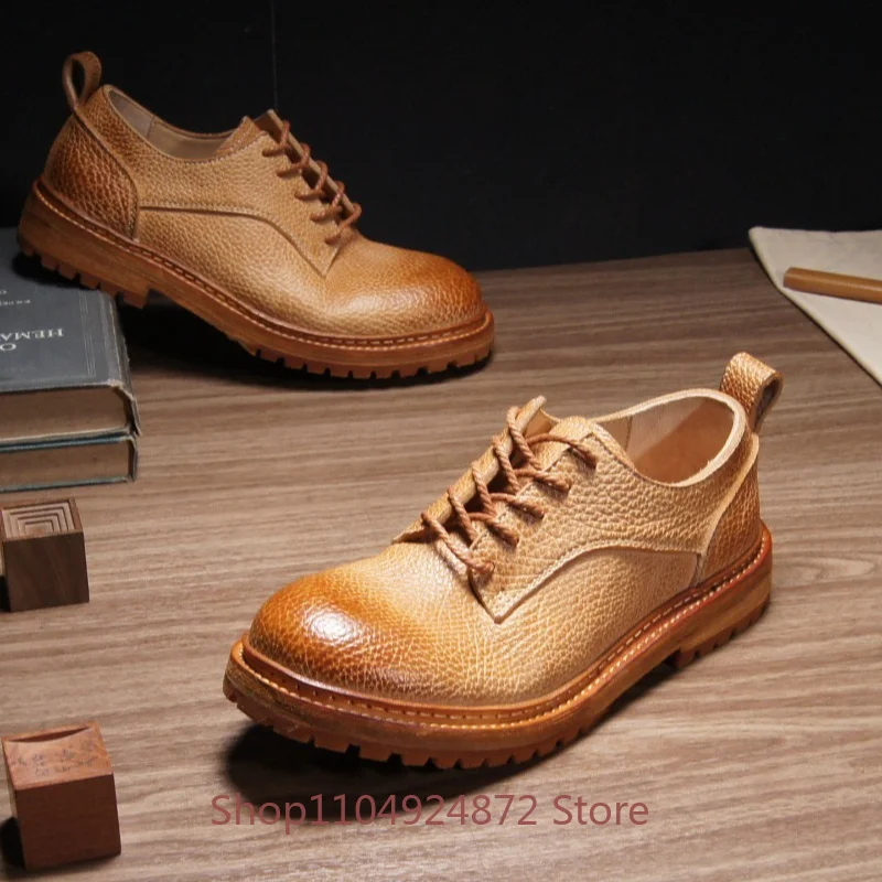 British Style Men's Business Casual Leather Shoes Male Handmade Genuine Leather Thick Sole Work Dress Derby Shoes Youth
