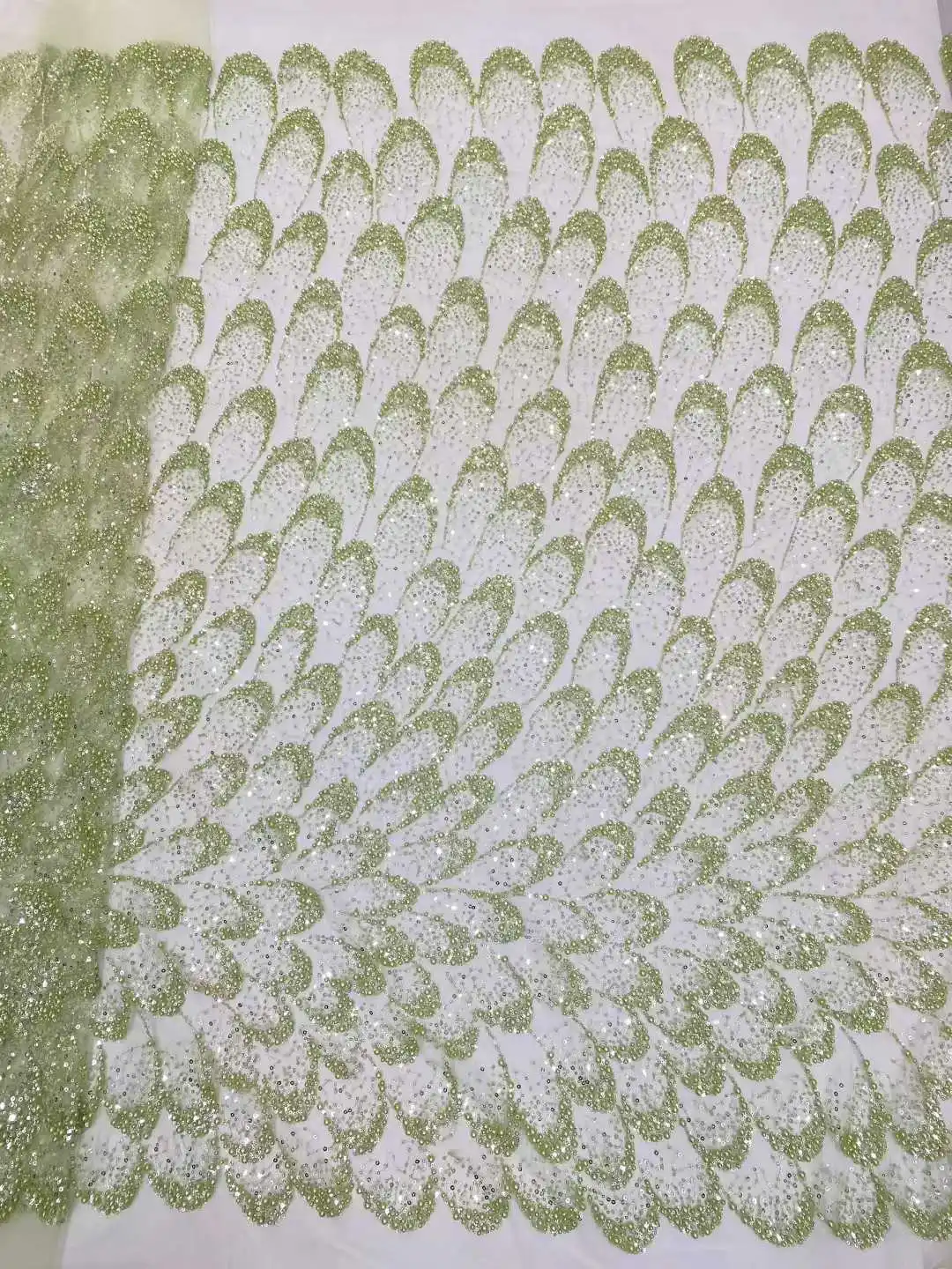 

African Beads Lace Fabric Embroidery Nigerian Bridal 2025 High Quality French Sequins Tulle Lace Fabric For Wedding Party Sewing