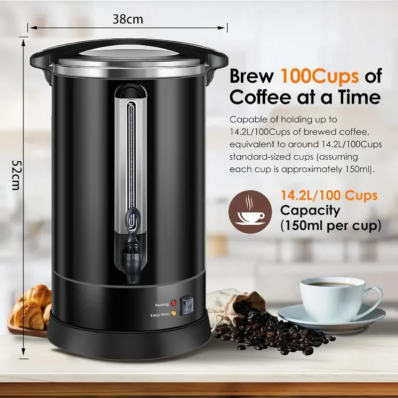 Coffee Urn 100 Cups Large Coffee Dispenser 14.2L Full Stainless Steel Commercial Coffee Maker Double Wall