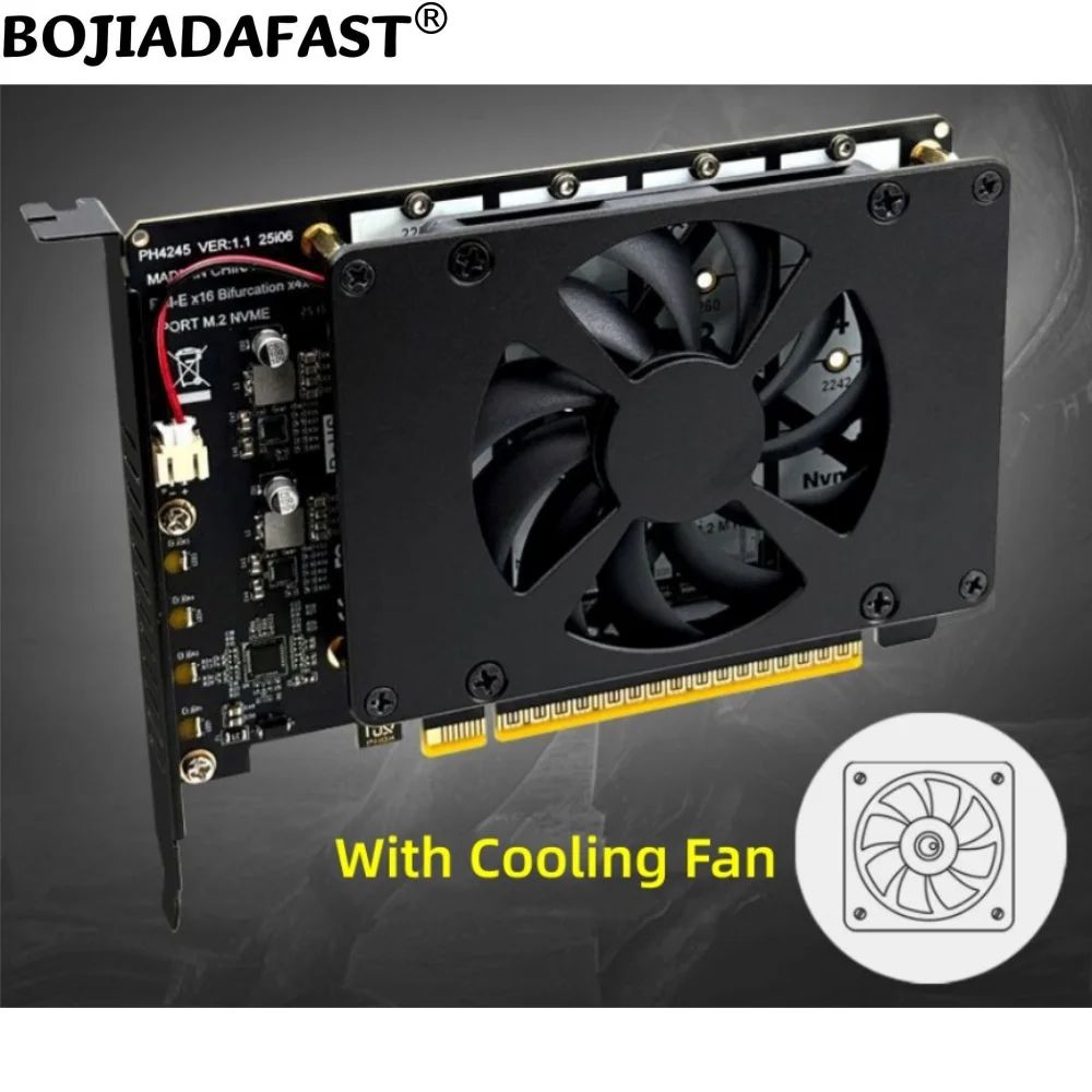 

PCI-E 5.0 16X to 4 * M.2 M-Key Adapter Expansion Card for 2280 M2 NVME SSD + Cooling Fan MB Support PCIe X4x4x4x4 Bifurcation