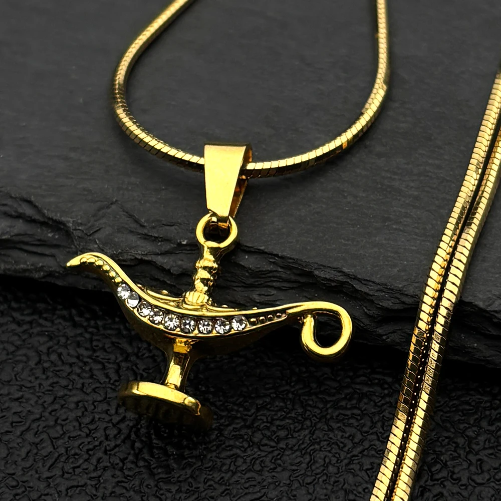 Vintage Aladdin Lamp Rhinestones Pendant Necklace for Women Men Stainless Steel Gold Color Snake Chain Necklaces Jewelry Gift