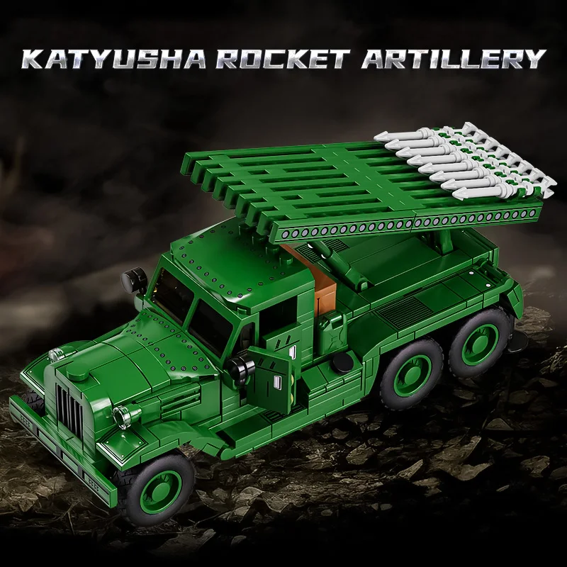 Boys assemble toys Soviet Katyusha multiple rocket launcher building blocks heavy transport vehicles self-propelled artillery