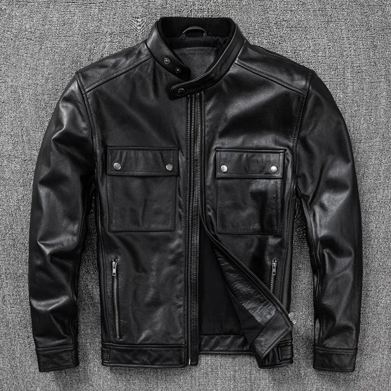 Top-grain cowhide leather men's stand-up collar casual plus-size
