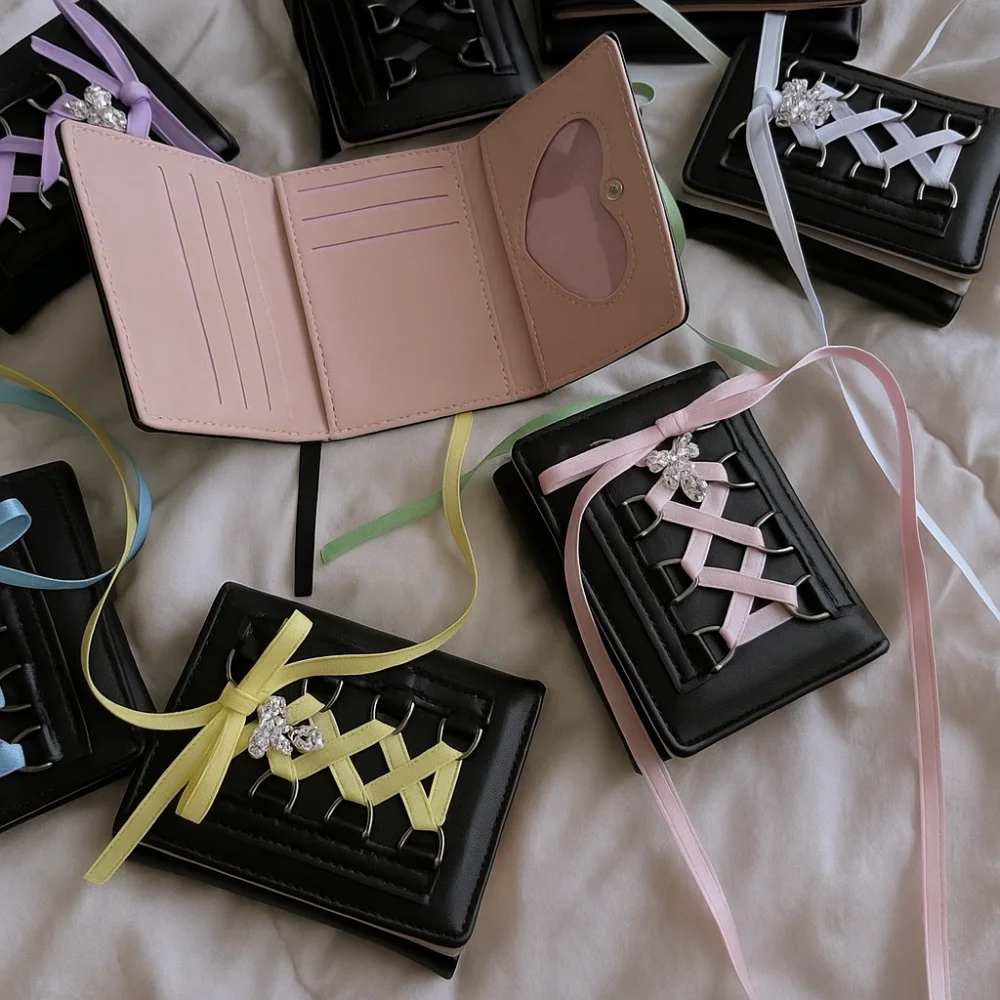 Korean Style Balletcore Three Fold Wallet Silk Ribbon Heart Crystal Bow Cash Purse Bag Short PU Leather