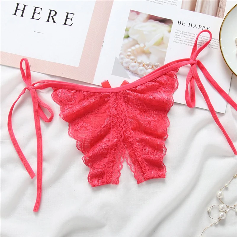 섹시한 단색 투명 메쉬 레이스 여성 브리프, 섹시한 오픈 가랑이 팬티, 활 장식, 여성 속옷, 포르노 의상