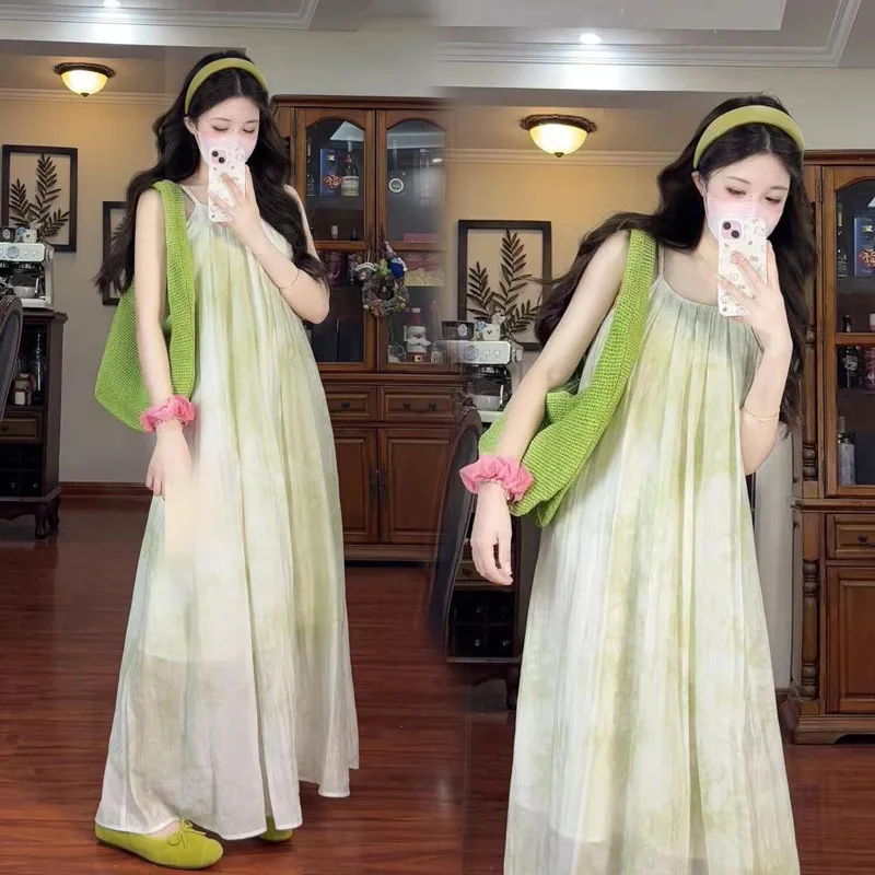 Maternity Dress Summer 2026 Loose Breathable Comfortable Tie Dye Maxi Spaghetti Strap Chiffon Dress For Pregnant Women Gentle