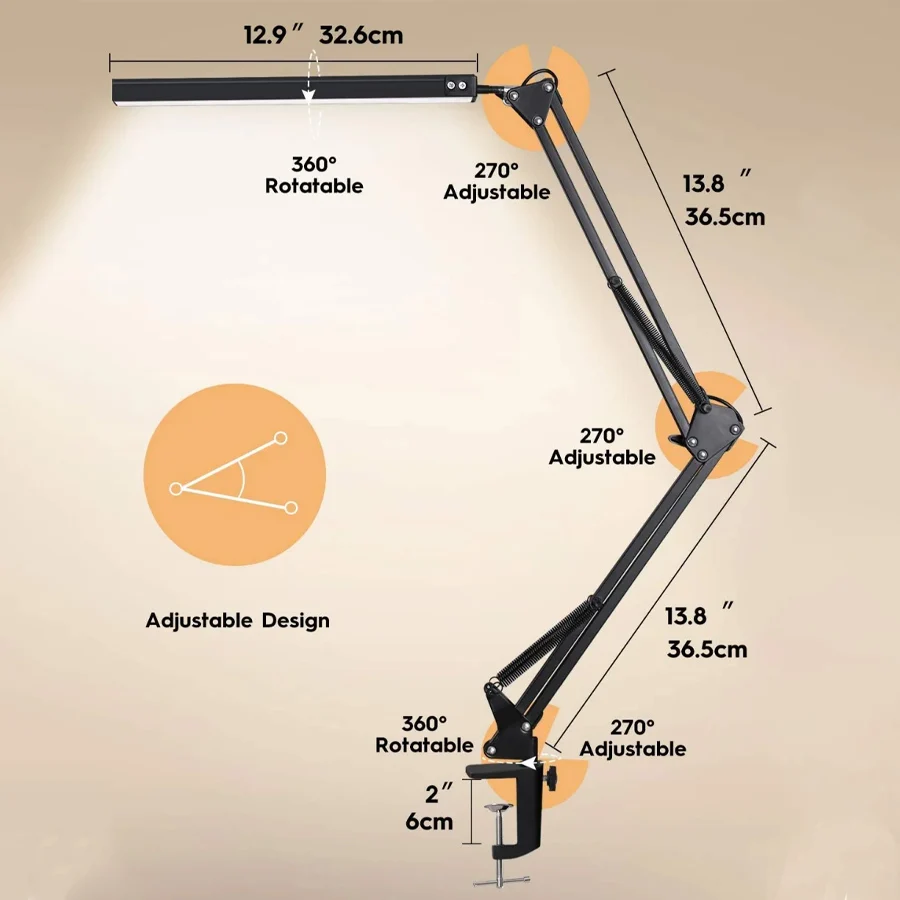 New LED Desk Lamp with Clamp 10W Swing Arm Desk Lamp Dimmable Eye-Caring Desk Light with 10 Brightness Level 3 Lighting Modes