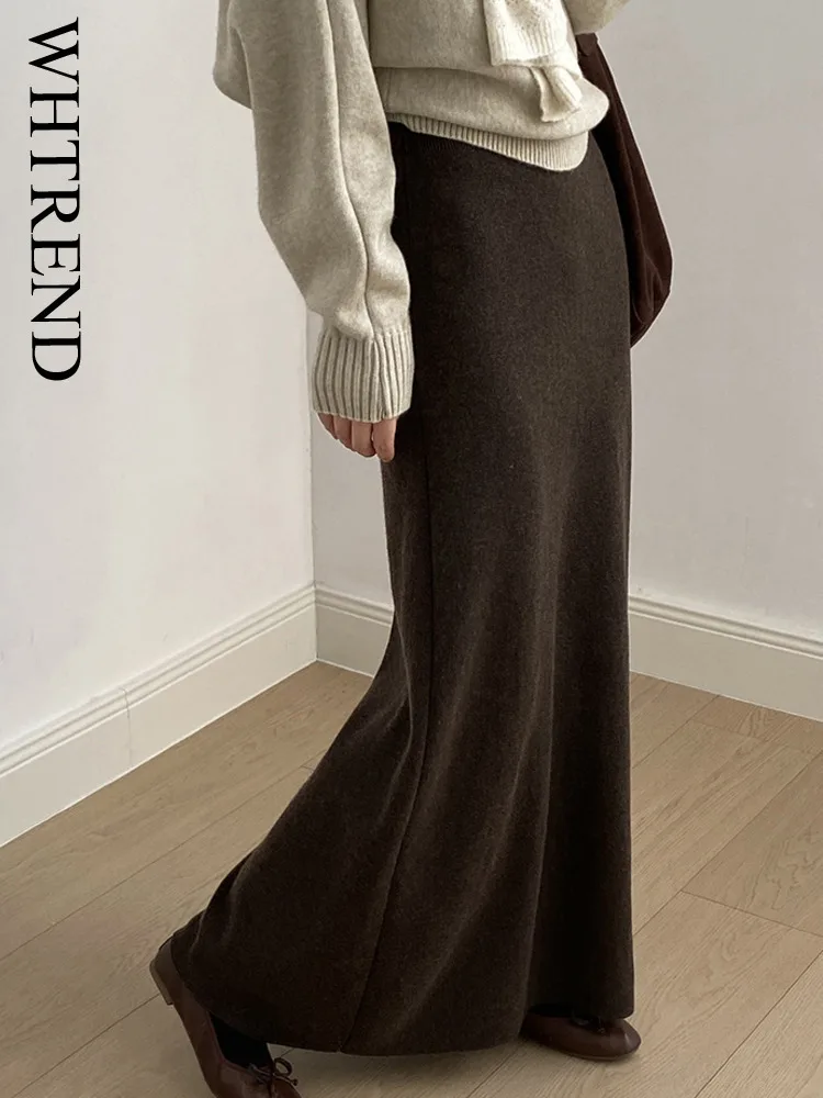 

WHTREND High Waist Soft Knitted Midi Skirt For Women Autumn Winter Elastic Waist Draped Slim Fit Bodycon Long Skirts WH2106