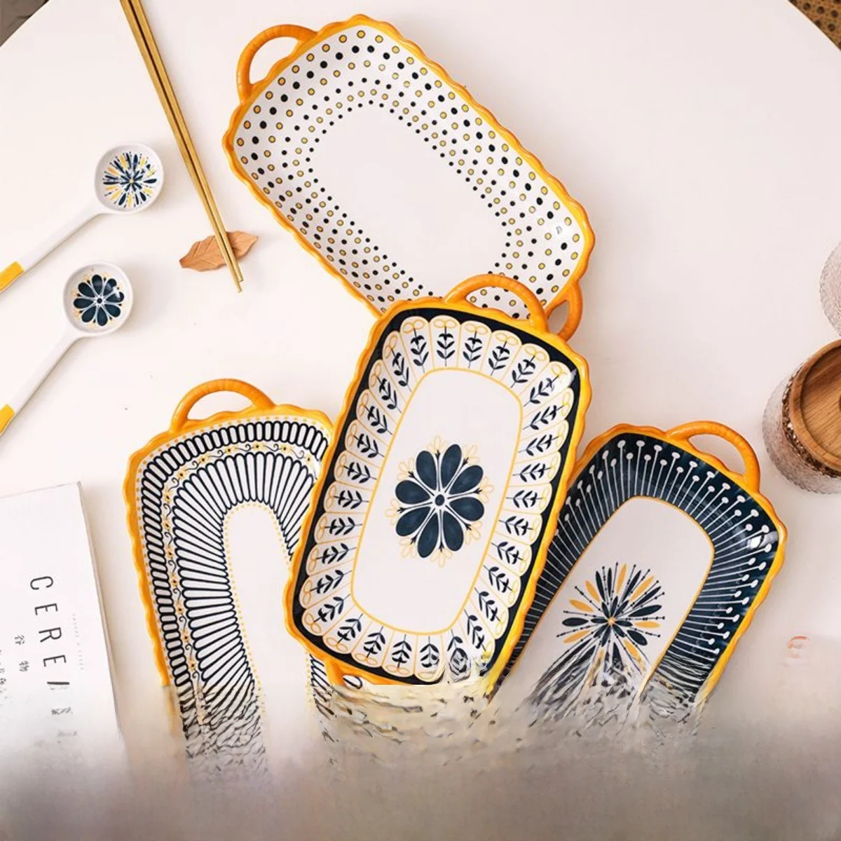 

Nordic Sle Creative Long Rectangular Cerc Di with Handle Double Ear Pasta Plate Fi Plate Baking Tray Dinnerware