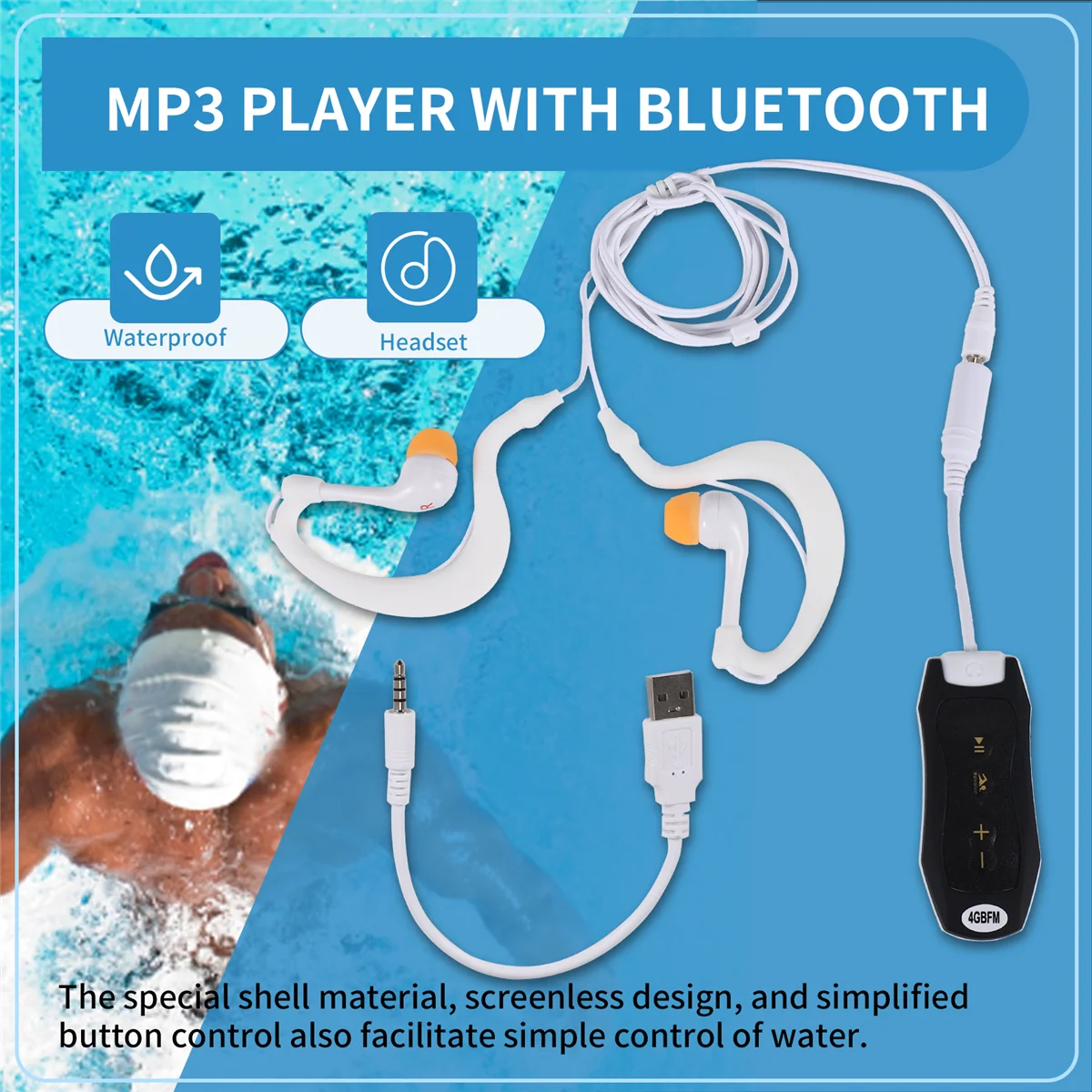 SMIEA MP3 Music Player with Bluetooth and Underwater Headphones for Swimming Laps Watersports Short Cord 4GB-Black